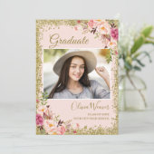 赤面ピンク金ゴールドグリッターフローラ写真卒業 招待状 (スタンド正面)