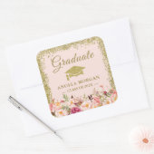 赤面ピンク金ゴールドグリッターフローラ卒業のお願い スクエアシール (封筒)