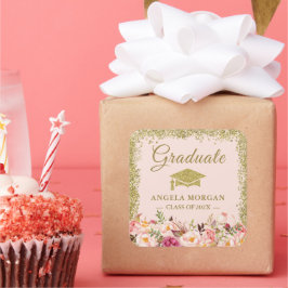 赤面ピンク金ゴールドグリッターフローラ卒業のお願い スクエアシール