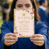 赤面ピンク金ゴールドグリッターフローラ卒業パーティー 招待状