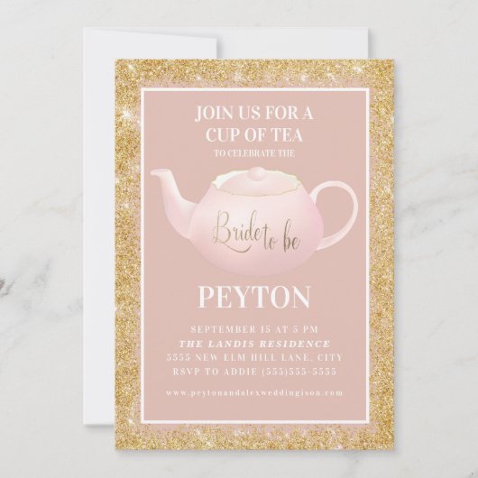 赤面ピンク金ゴールドグリッターブライダルティーパーティーシャワー 招待状 (正面)