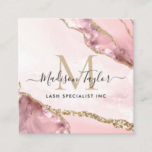 赤面ピンク金ゴールドグリッターマーブルアガテシックモノグラム スクエア名刺 (正面)