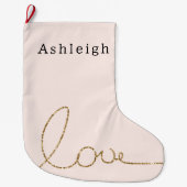 赤面ピンク金ゴールドグリッターラブ ラージクリスマスストッキング (正面)