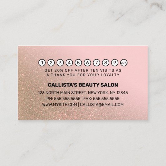 赤面ピンク金ゴールドグリッター勾配タイポグラフィ ロイヤリティカード (裏面)