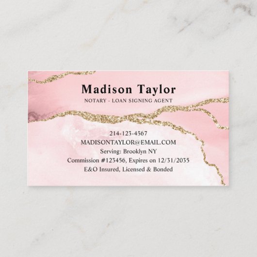 赤面ピンク金ゴールドグリッター大理石ゲート公証人 名刺 (裏面)