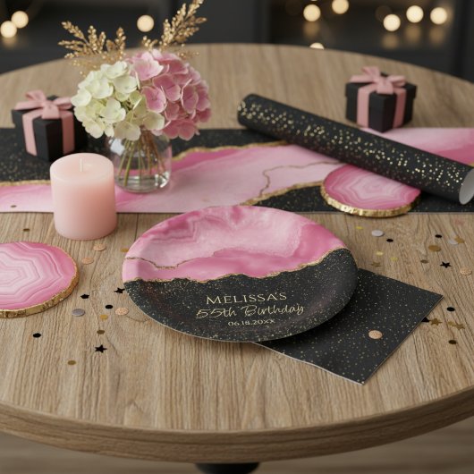 赤面ピンク金ゴールドグリッター抽象芸術水彩大理石 ペーパープレート