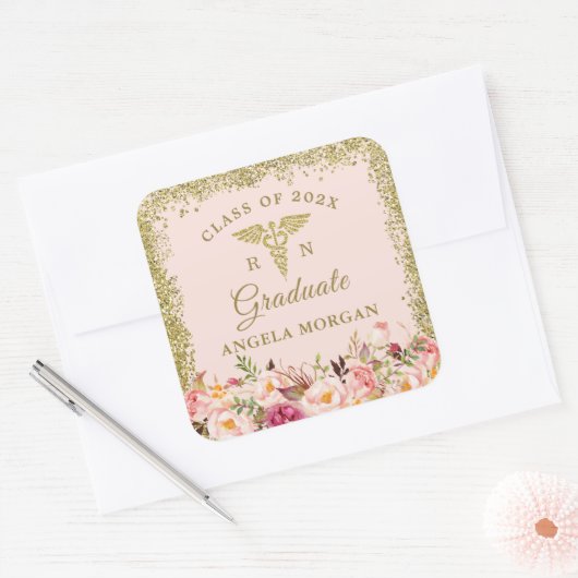 赤面ピンク金ゴールドグリッター看護サイン卒業 スクエアシール (封筒)