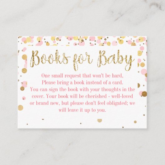 赤面ピンク金ゴールドグリッター紙吹雪書籍ベビー エンクロージャーカード (正面)