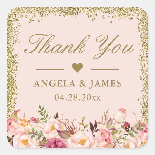 赤面ピンク金ゴールドグリッター結婚フローラの感謝 スクエアシール (正面)