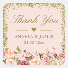 赤面ピンク金ゴールドグリッター結婚フローラの感謝 スクエアシール