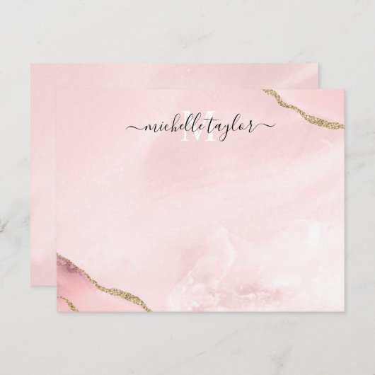 赤面ピンク金ゴールドシックグリッター金ゴールドアゲートモノグラムN ノートカード (正面/裏面)
