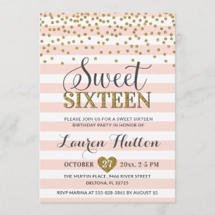赤面ピンク金ゴールドシックSweet sixteenパーティー誕生日 招待状
