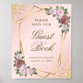 赤面ピンク金ゴールドジオメト結婚リのゲストブックサイン ポスター (正面)