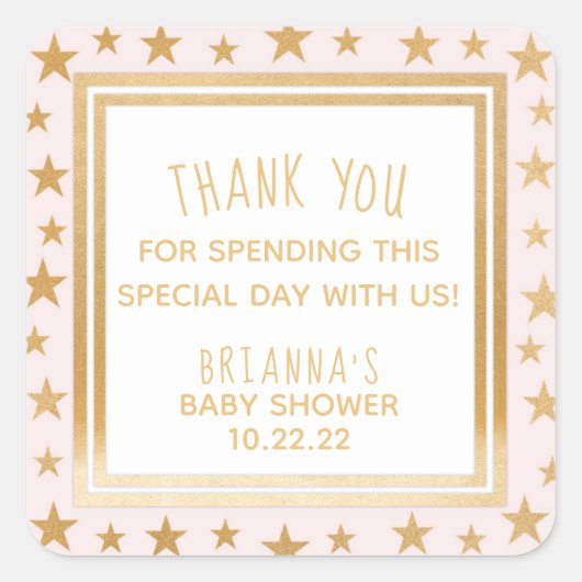 赤面ピンク金ゴールドスター赤ちゃんシャワーお気に入りステッカー スクエアシール (正面)
