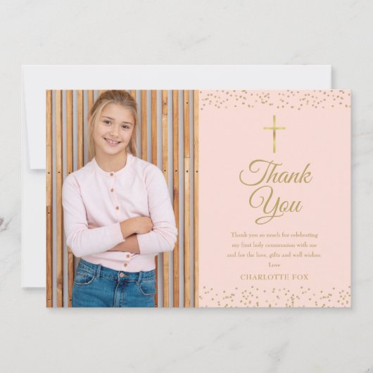 赤面ピンク金ゴールドダストファースト聖体拝領写真 サンキューカード (正面)