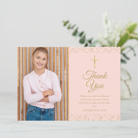 赤面ピンク金ゴールドダストファースト聖体拝領写真 サンキューカード (スタンド正面)