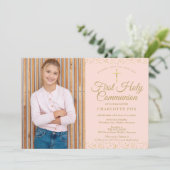 赤面ピンク金ゴールドダストファースト聖体拝領写真 招待状 (スタンド正面)