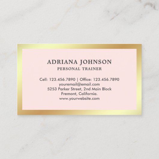 赤面ピンク金ゴールドダンベルフィットネスパーソナルトレーナー 名刺 (裏面)
