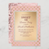 赤面ピンク金ゴールドティアラスイート16ダンスパーティー 招待状 (正面/裏面)