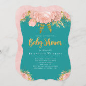 赤面ピンク金ゴールドティール（緑がかった色）フラワーガールベビーシャワー 招待状 (正面/裏面)