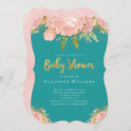 赤面ピンク金ゴールドティール（緑がかった色）フラワーガールベビーシャワー 招待状