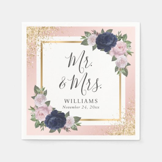 赤面ピンク金ゴールドネイビーブルーフローラ結婚ズ スタンダードカクテルナプキン (正面)