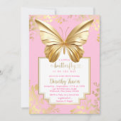 赤面ピンク金ゴールドバタフライベビーシャワー 招待状 (正面)