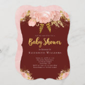 赤面ピンク金ゴールドバーガンディーフラワーガールベビーシャワー 招待状 (正面/裏面)