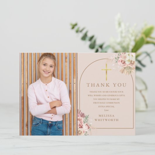 赤面ピンク金ゴールドパンパスグラスファースト聖餐式 サンキューカード (スタンド正面)