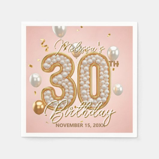 赤面ピンク金ゴールドパールモザイク30th誕生日 スタンダードカクテルナプキン (正面)