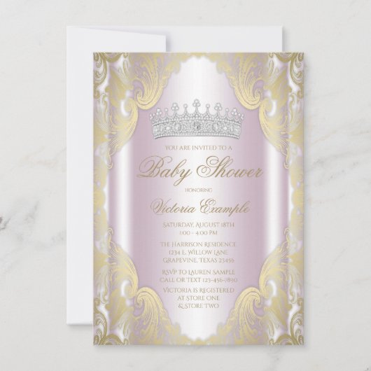 赤面ピンク金ゴールドファンシープリンセスベビーシャワー 招待状 (正面)