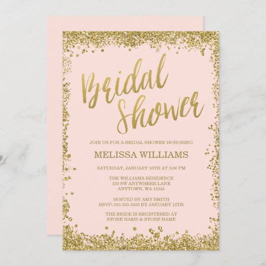 赤面ピンク金ゴールドフェイクグリッターブライダルシャワー 招待状 (正面/裏面)
