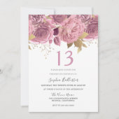 赤面ピンク金ゴールドフラワーガールズ13thバースデーパーティー 招待状 (正面)