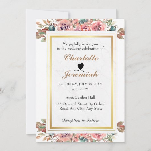 赤面ピンク金ゴールドフレームフローラ緑結婚色 招待状 (正面)
