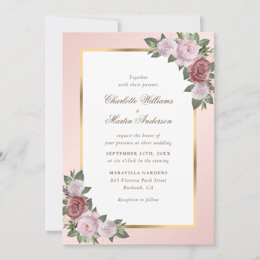 赤面ピンク金ゴールドフレーム結婚フローラ 招待状 (正面)