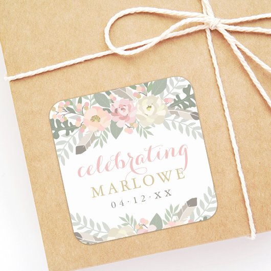 赤面ピンク金ゴールドフローラカスタムウェディングブライド名 スクエアシール