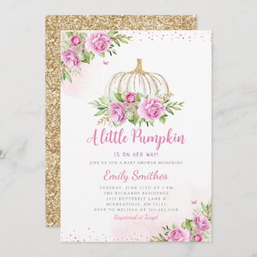 赤面ピンク金ゴールドフローラカボチャ女の子ベビーシャワー 招待状 (正面/裏面)