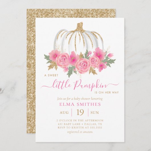赤面ピンク金ゴールドフローラカボチャ女の子ベビーシャワー 招待状 (正面/裏面)