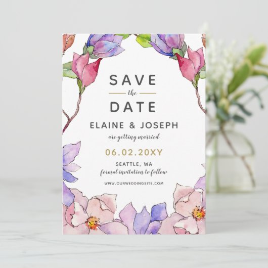 赤面ピンク金ゴールドフローラガーデンボタニッ結婚クス 招待状 (スタンド正面)