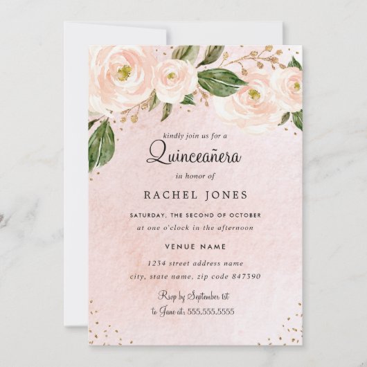 赤面ピンク金ゴールドフローラキンセアニェラ誕生日 招待状 (正面)