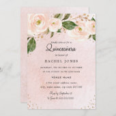 赤面ピンク金ゴールドフローラキンセアニェラ誕生日 招待状 (正面/裏面)