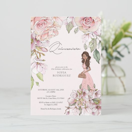 赤面ピンク金ゴールドフローラキンセアニラ15誕生日 招待状 (スタンド正面)