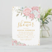赤面ピンク金ゴールドフローラスパークルブライダルシャワー 招待状 (スタンド正面)