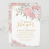 赤面ピンク金ゴールドフローラスパークルブライダルシャワー 招待状 (正面/裏面)
