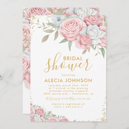 赤面ピンク金ゴールドフローラスパークルブライダルシャワー 招待状 (正面/裏面)