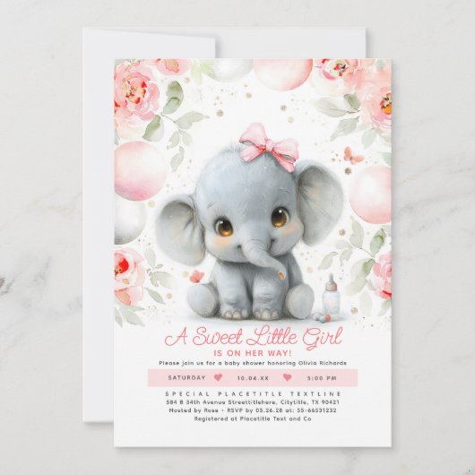 赤面ピンク金ゴールドフローラゾウ赤ちゃんシャワー 招待状 (正面)