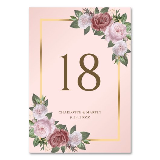 赤面ピンク金ゴールドフローラテーブル番号カード テーブルナンバー (正面)