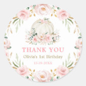 赤面ピンク金ゴールドフローラパンプキンベビーガール誕生日 ラウンドシール (正面)