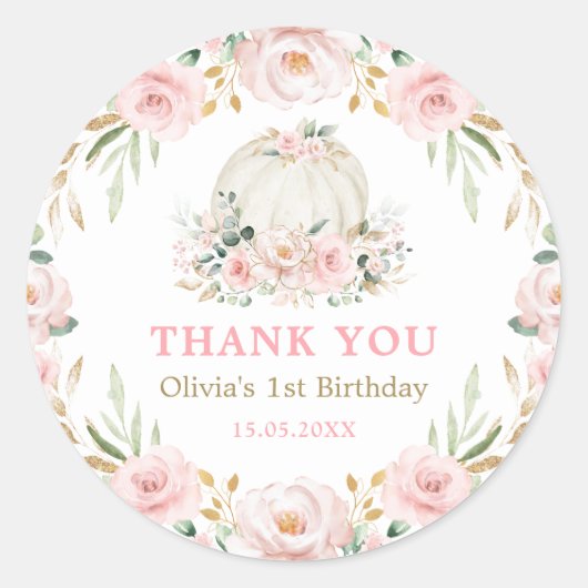 赤面ピンク金ゴールドフローラパンプキンベビーガール誕生日 ラウンドシール (正面)