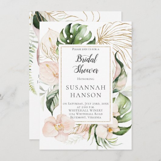赤面ピンク金ゴールドフローラフレームトロピカルブライダルシャワー カード (正面/裏面)